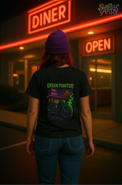 Green Phantom Short Sleeve T-shirt – Neon Motorcycle Skull Graphic, Cozy Spooky Goth Streetwear
