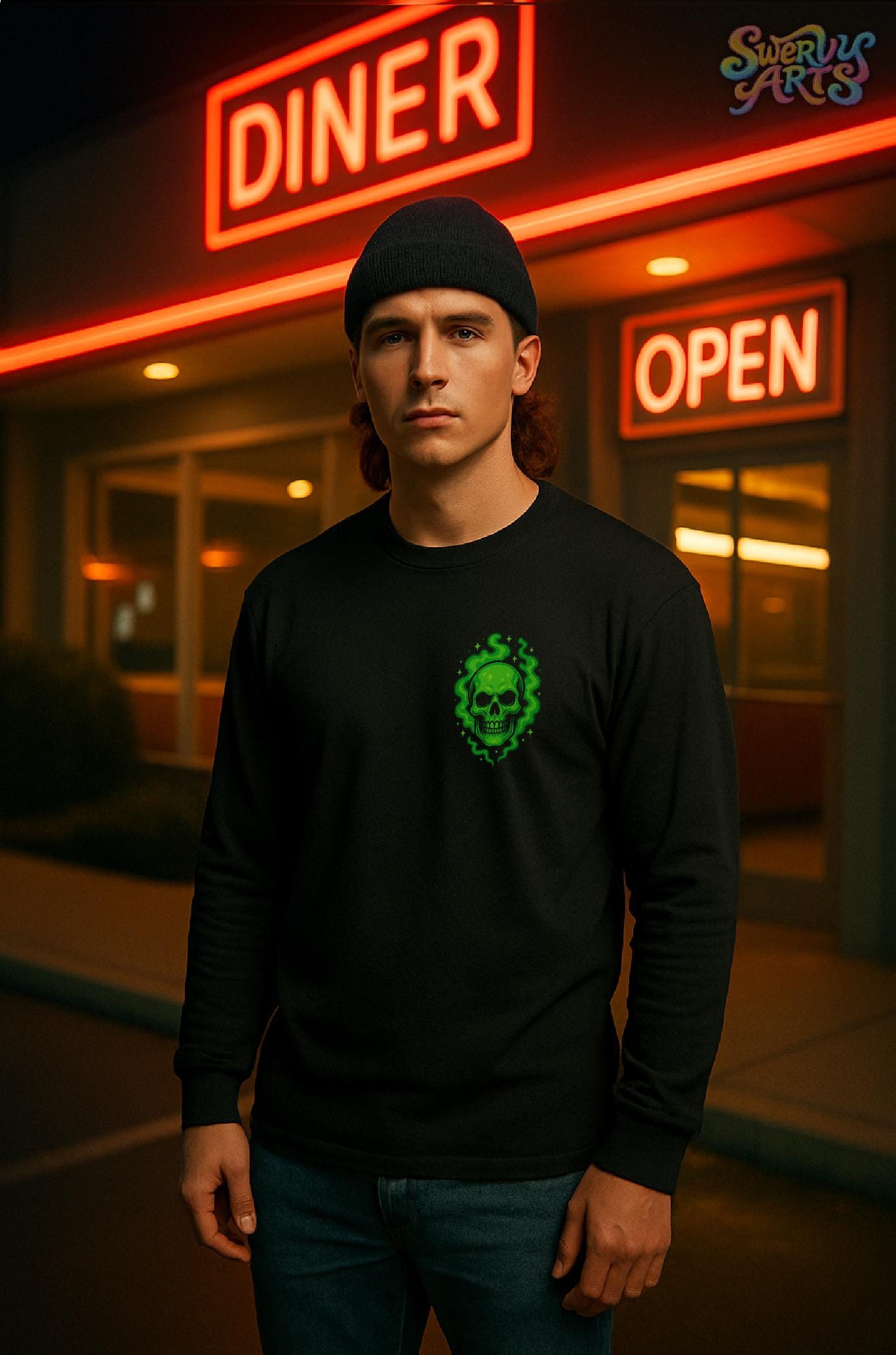 Green Phantom Long Sleeve Tee, Unisex Graphic T-Shirt, Skull Motif Shirt, Halloween Apparel, Retro Biker Style, 90s Vibe Tee