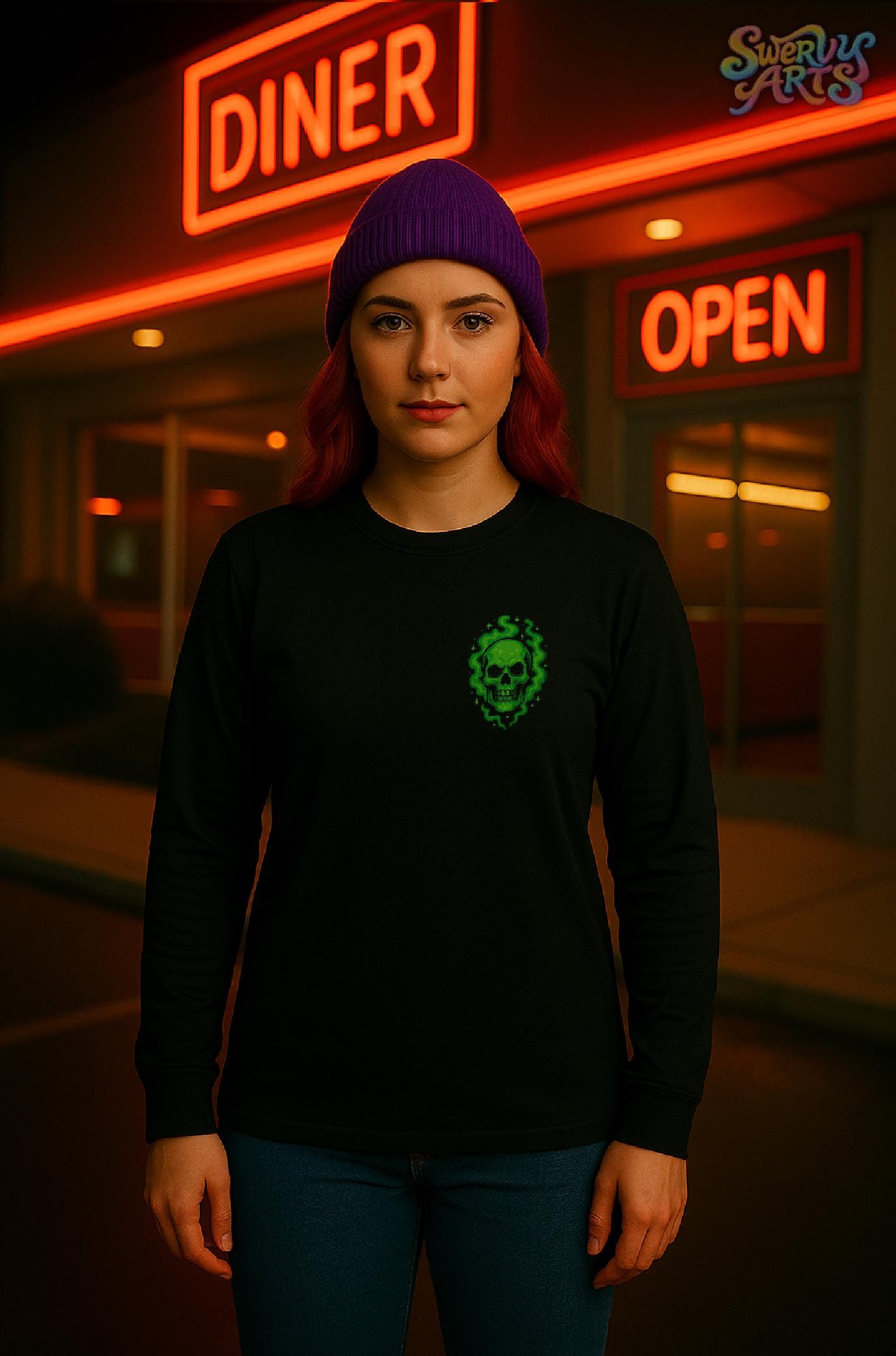 Green Phantom Long Sleeve Tee, Unisex Graphic T-Shirt, Skull Motif Shirt, Halloween Apparel, Retro Biker Style, 90s Vibe Tee
