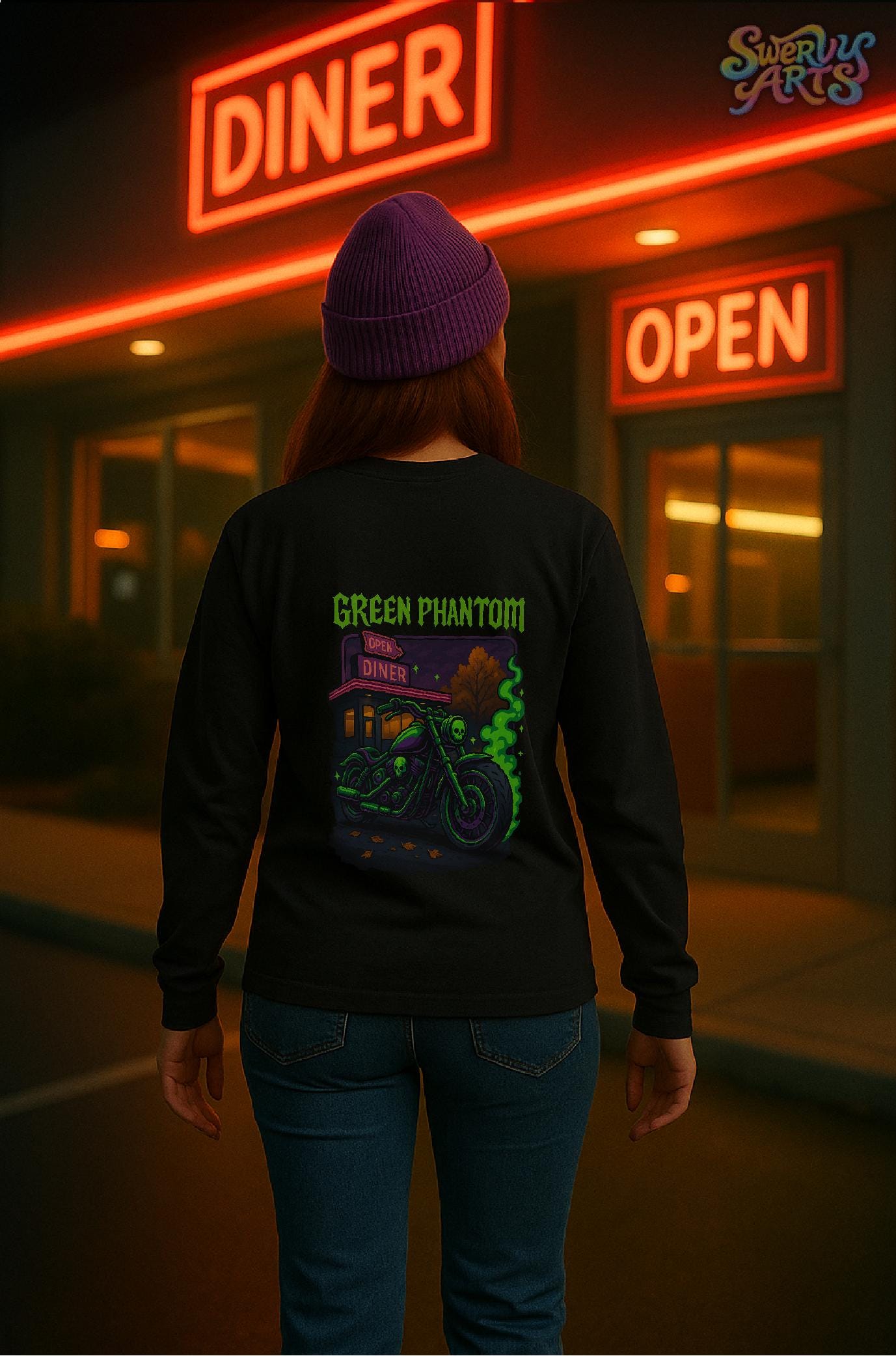 Green Phantom Long Sleeve Tee, Unisex Graphic T-Shirt, Skull Motif Shirt, Halloween Apparel, Retro Biker Style, 90s Vibe Tee