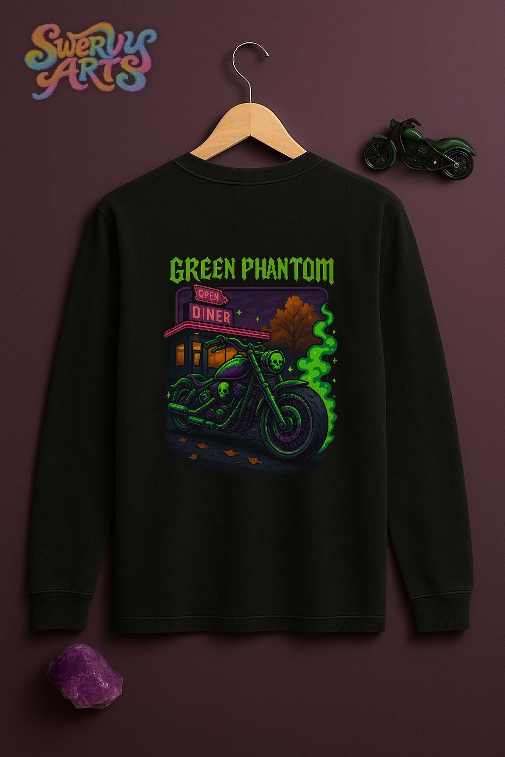 Green Phantom Long Sleeve Tee, Unisex Graphic T-Shirt, Skull Motif Shirt, Halloween Apparel, Retro Biker Style, 90s Vibe Tee