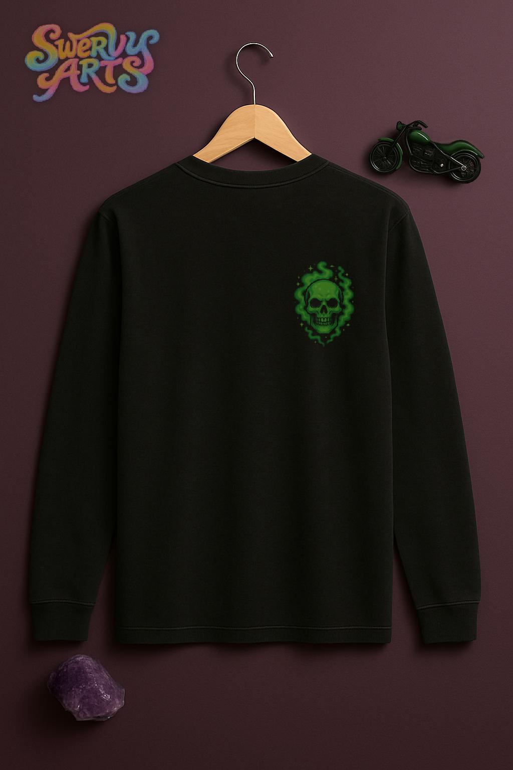 Green Phantom Long Sleeve Tee, Unisex Graphic T-Shirt, Skull Motif Shirt, Halloween Apparel, Retro Biker Style, 90s Vibe Tee