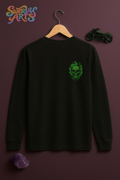 Green Phantom Long Sleeve Tee, Unisex Graphic T-Shirt, Skull Motif Shirt, Halloween Apparel, Retro Biker Style, 90s Vibe Tee