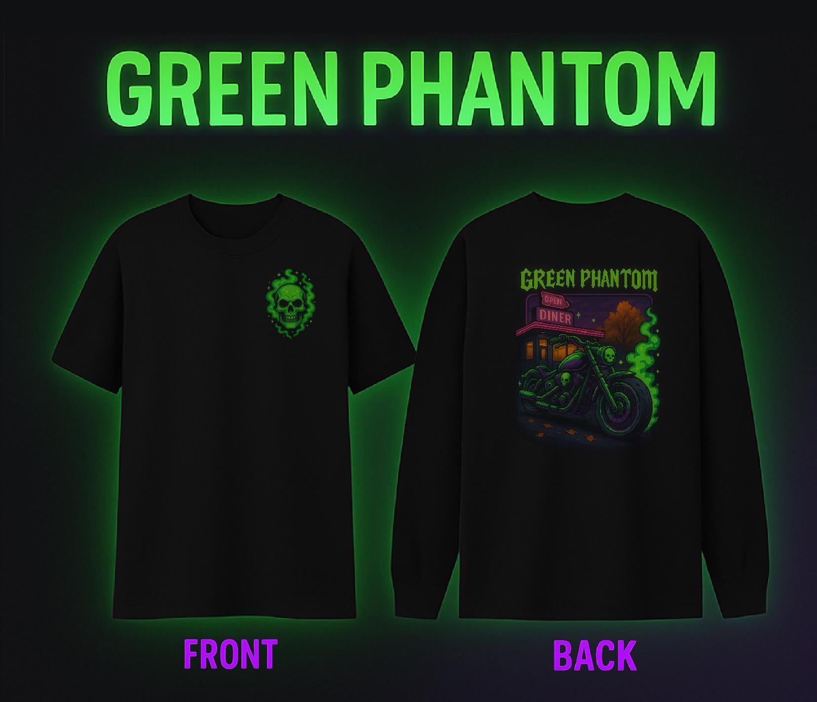 Green Phantom Short Sleeve T-shirt – Neon Motorcycle Skull Graphic, Cozy Spooky Goth Streetwear