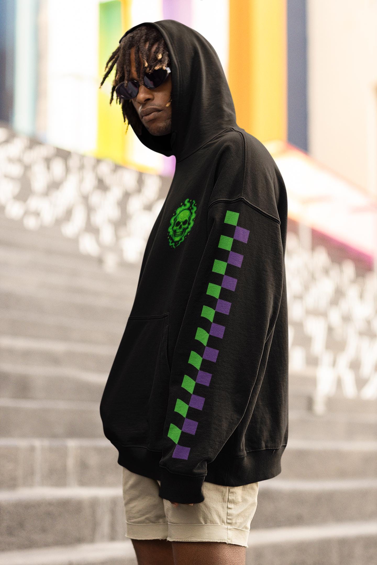 Green Phantom Hoodie – Neon Motorcycle Skull Graphic, Cozy Spooky Halloween Hoodie