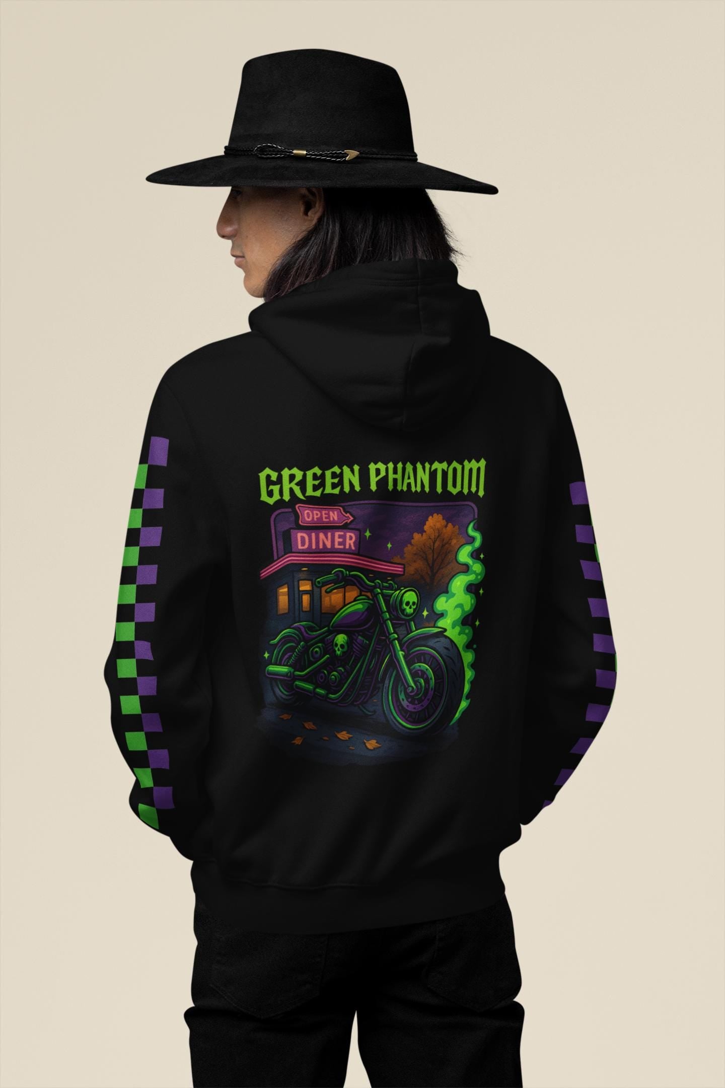 Green Phantom Hoodie – Neon Motorcycle Skull Graphic, Cozy Spooky Halloween Hoodie