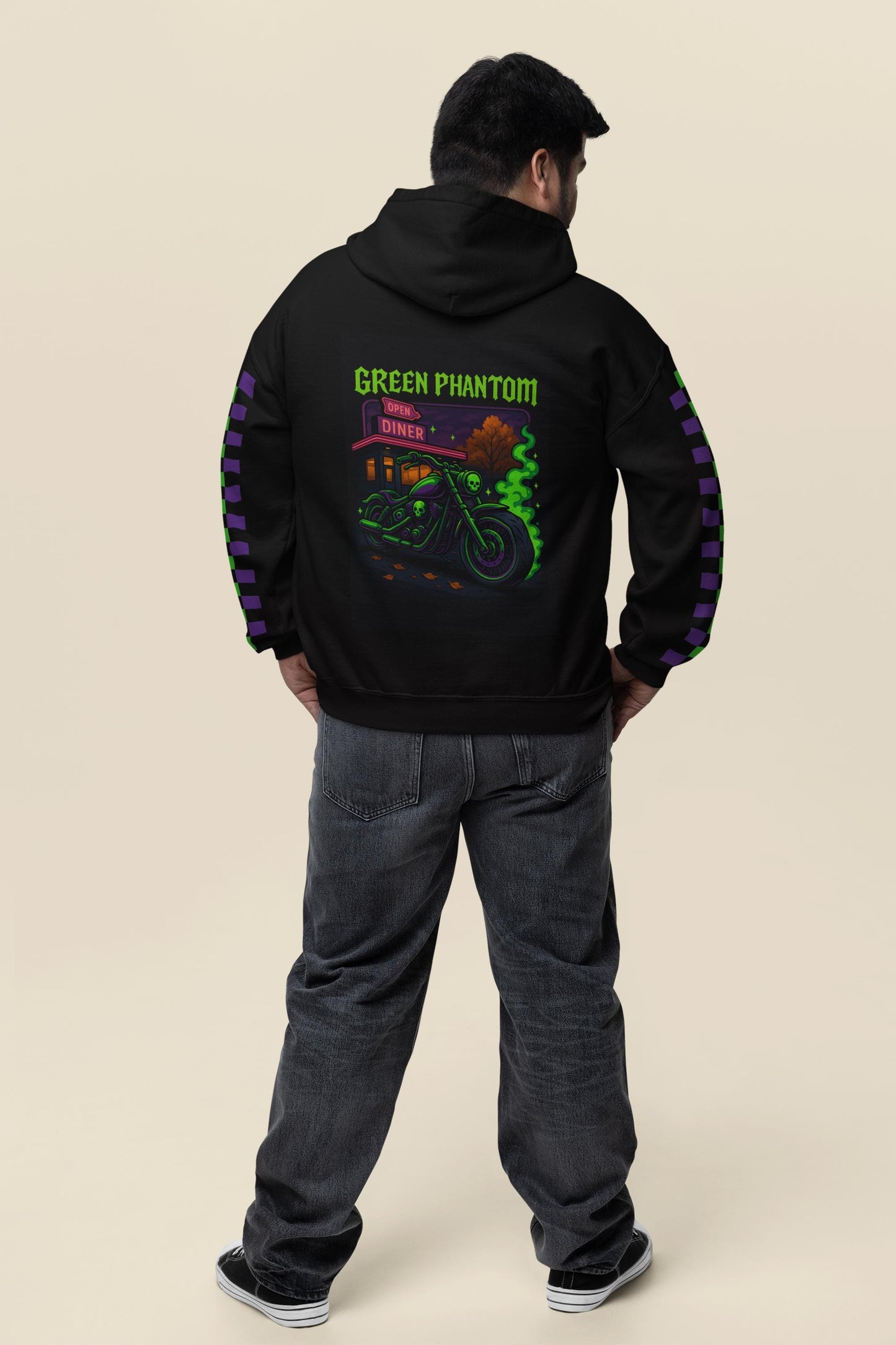 Green Phantom Hoodie – Neon Motorcycle Skull Graphic, Cozy Spooky Halloween Hoodie