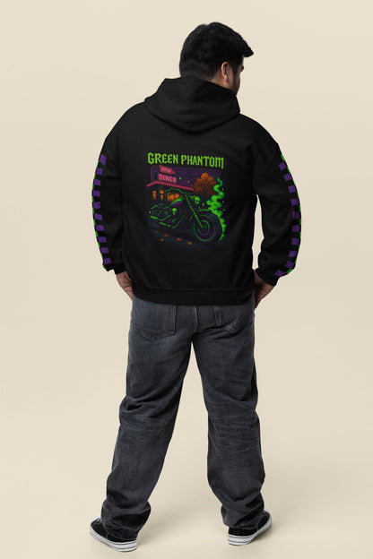 Green Phantom Hoodie – Neon Motorcycle Skull Graphic, Cozy Spooky Halloween Hoodie