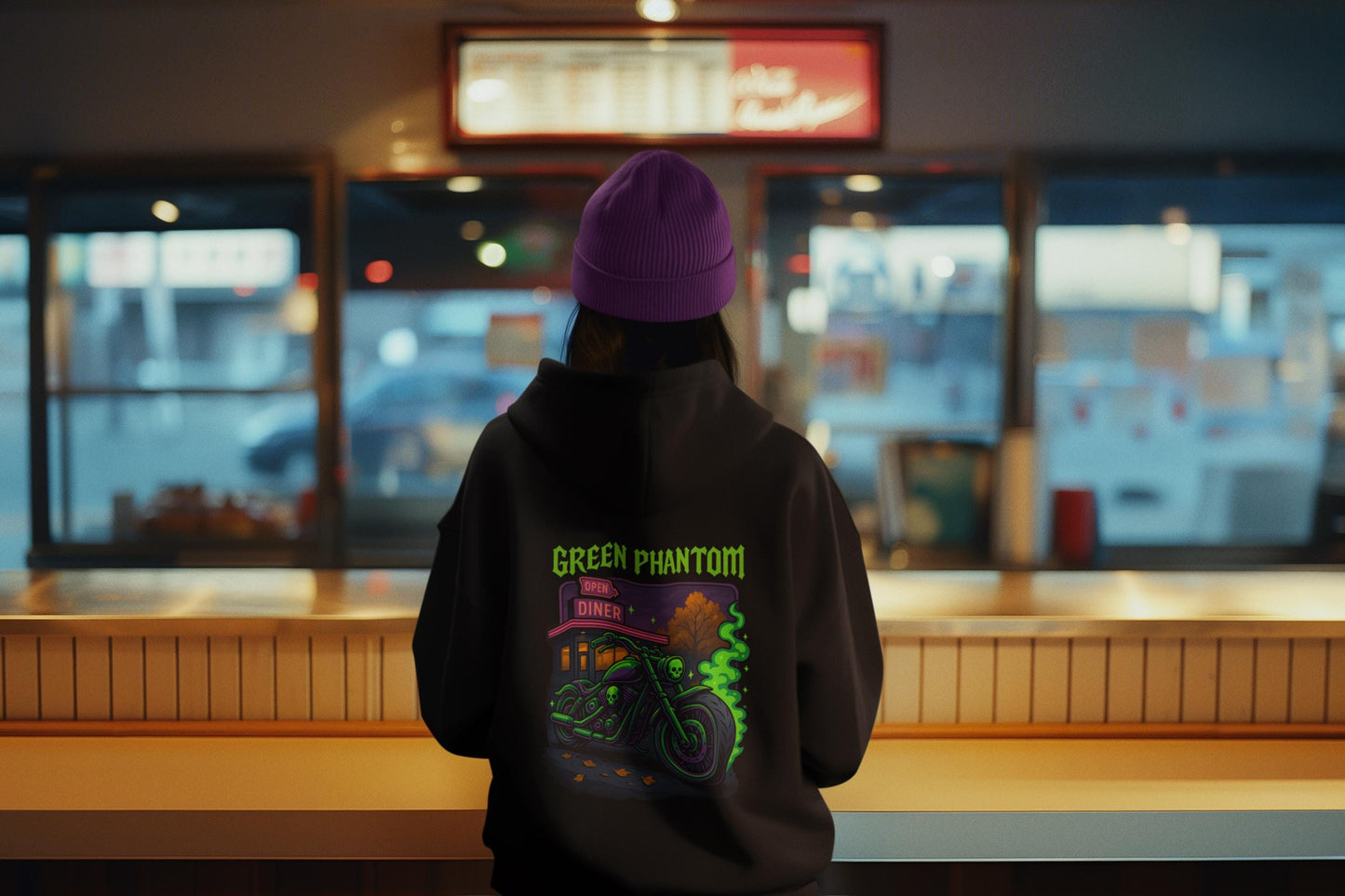 Green Phantom Hoodie – Neon Motorcycle Skull Graphic, Cozy Spooky Halloween Hoodie