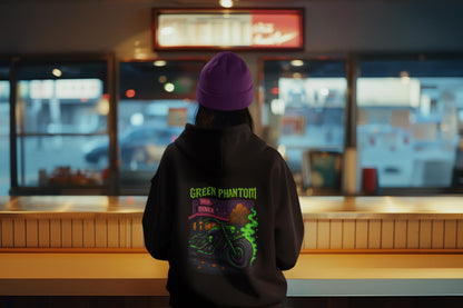 Green Phantom Hoodie – Neon Motorcycle Skull Graphic, Cozy Spooky Halloween Hoodie