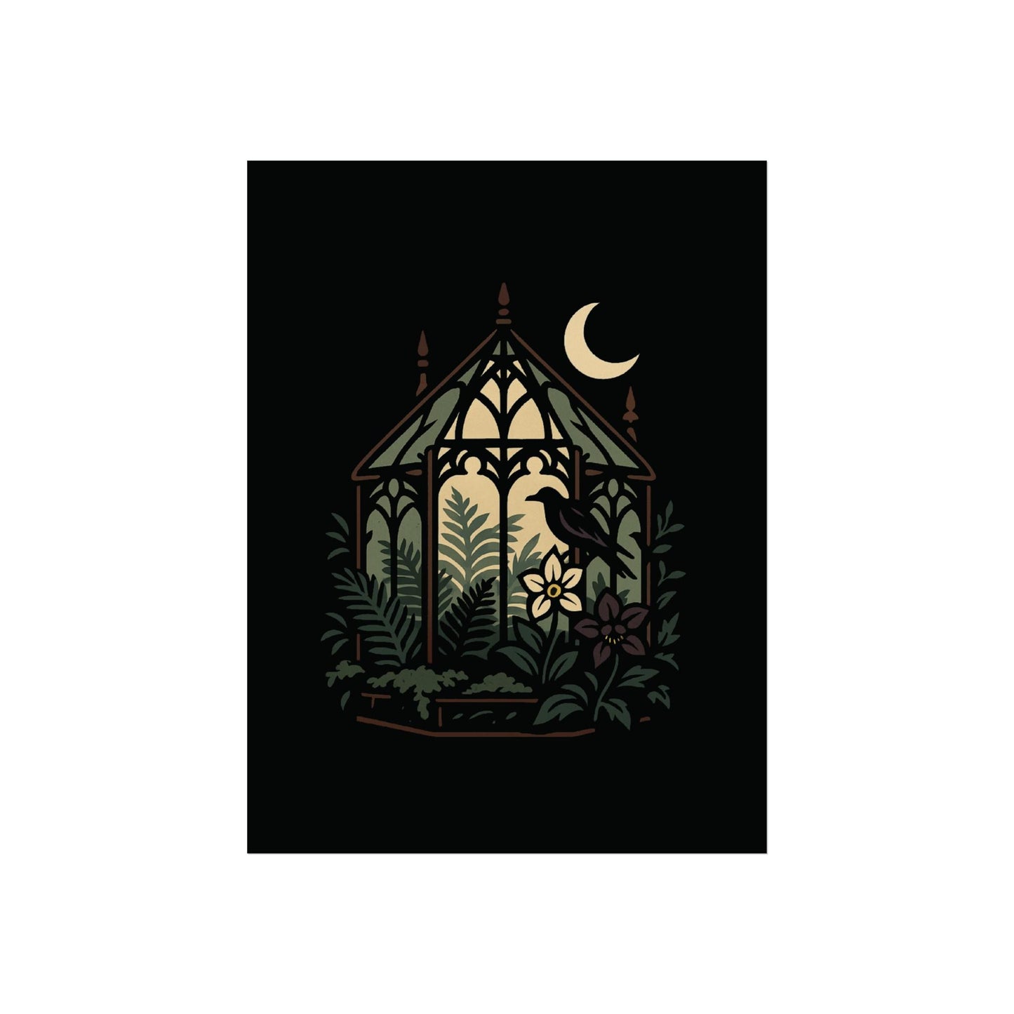 Moonlit Greenhouse Art Print – Stained‑Glass Botanical Window, Witchy Gothic Decor, bay window portrait, stick style architecture print
