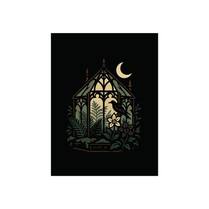 Moonlit Greenhouse Art Print – Stained‑Glass Botanical Window, Witchy Gothic Decor, bay window portrait, stick style architecture print
