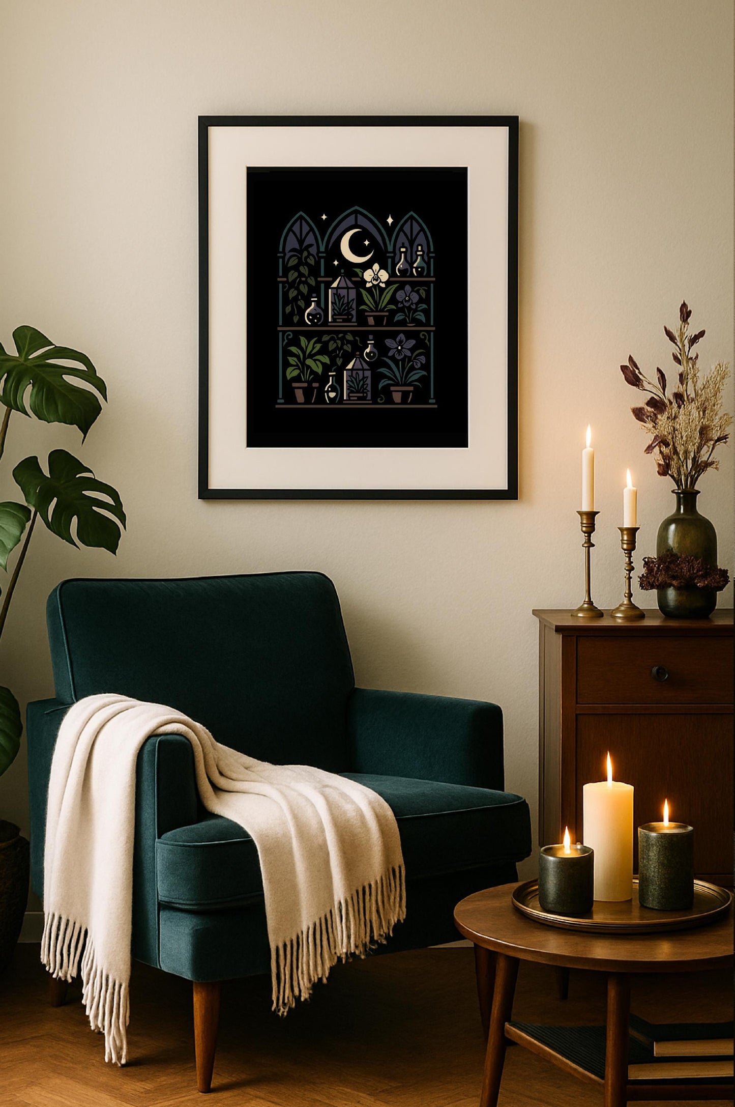 Poison Plant Shelves Art Print – Gothic Greenhouse Shelves Poster with Dried Herbs & Moonlight