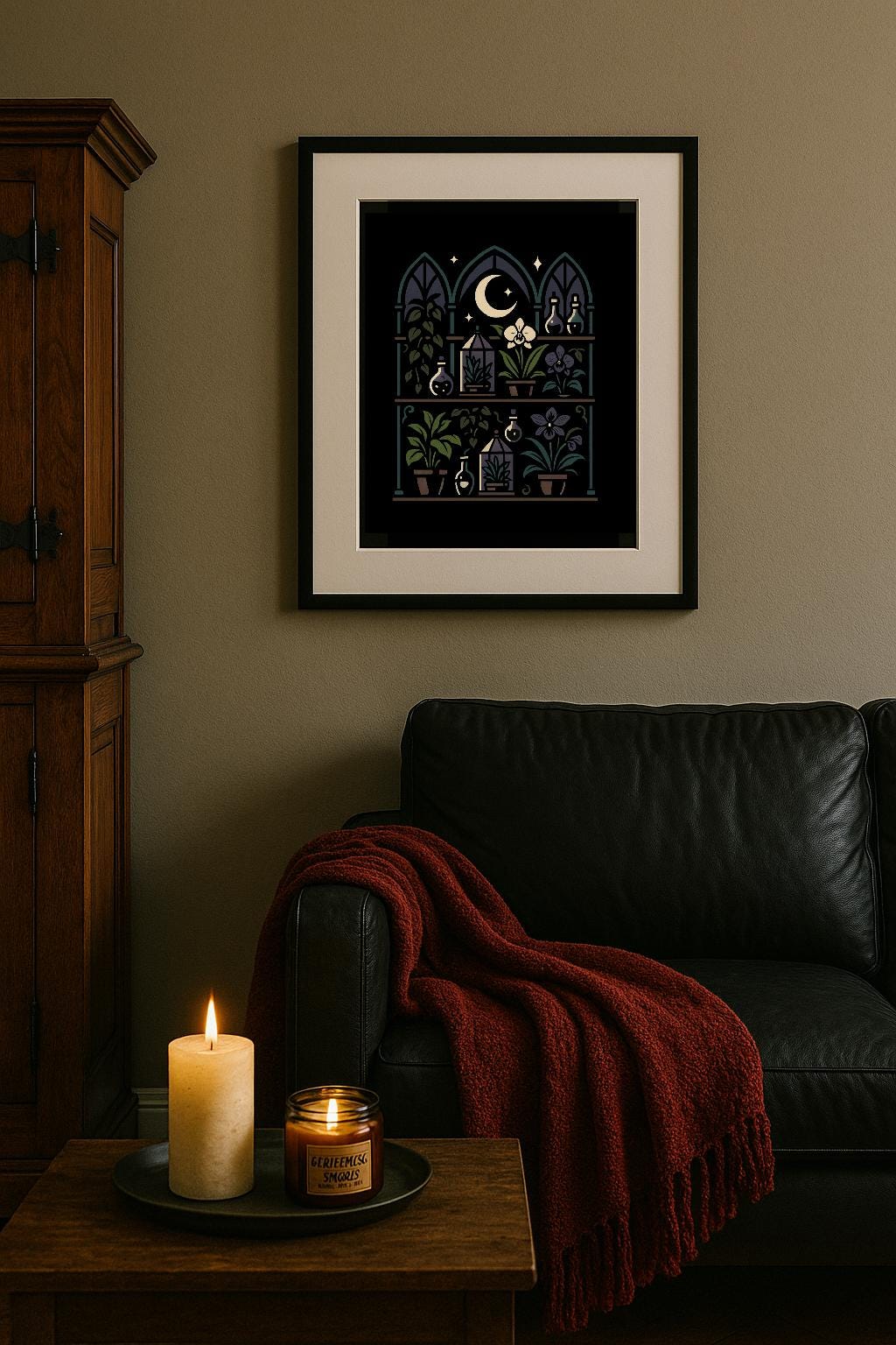 Poison Plant Shelves Art Print – Gothic Greenhouse Shelves Poster with Dried Herbs & Moonlight