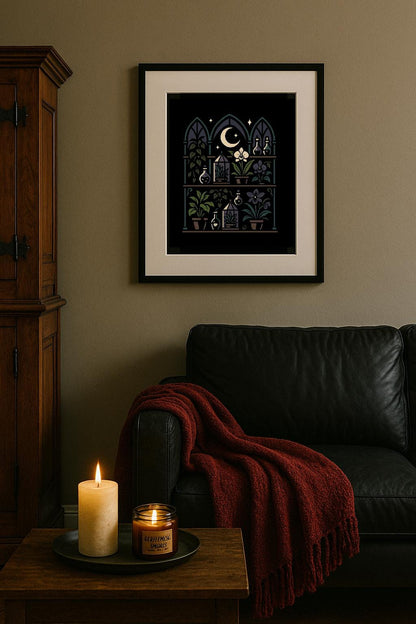 Poison Plant Shelves Art Print – Gothic Greenhouse Shelves Poster with Dried Herbs & Moonlight