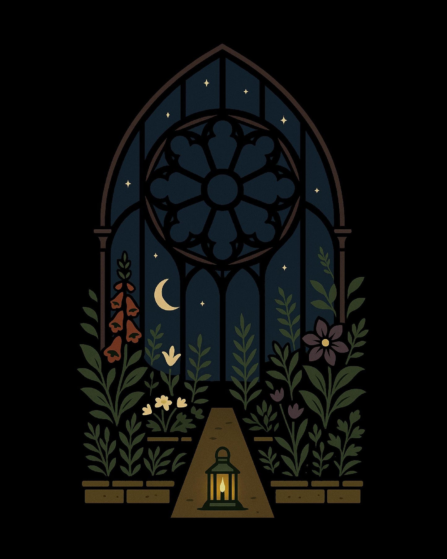 Terrarium Alter Art Print – Rose Window Stained-Glass Poster, Dark Botanical Decor