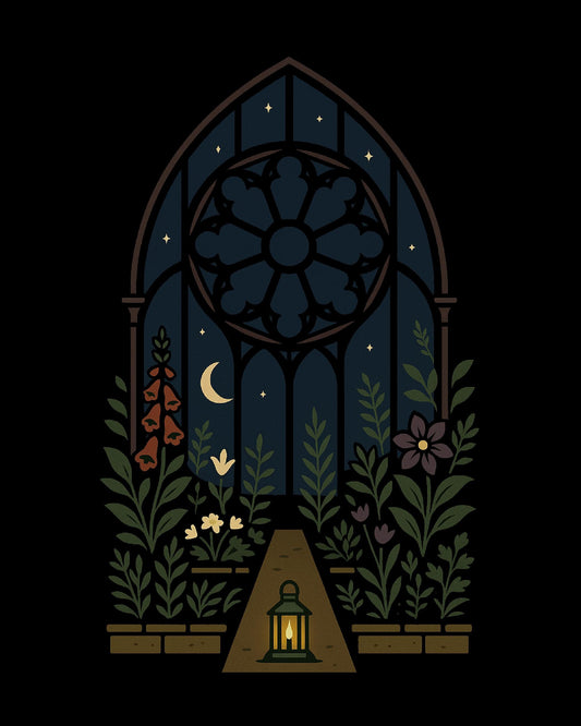Terrarium Alter Art Print – Rose Window Stained-Glass Poster, Dark Botanical Decor
