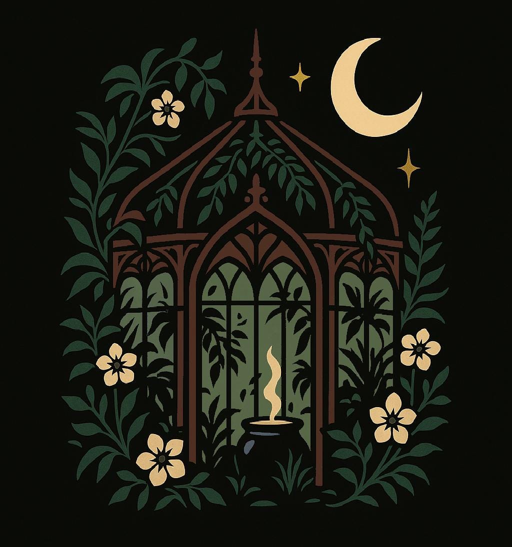 Midnight Conservatory Art Print – Crescent Moon and Vines, Pastel Goth Wall Decor