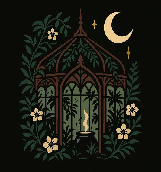 Midnight Conservatory Art Print – Crescent Moon and Vines, Pastel Goth Wall Decor