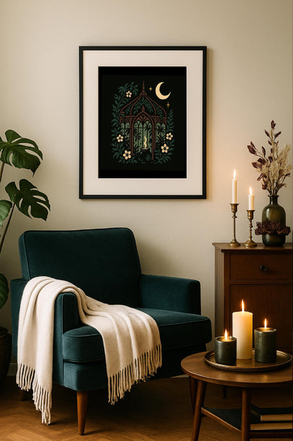 Midnight Conservatory Art Print – Crescent Moon and Vines, Pastel Goth Wall Decor