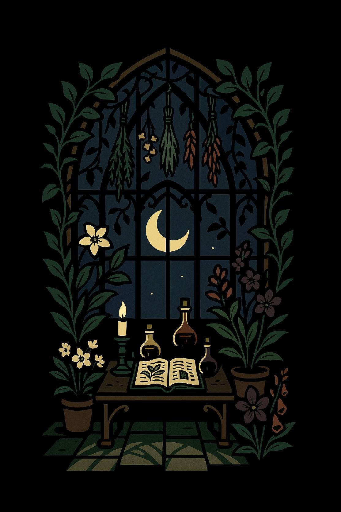 Herbal Apothecary Art Print – Witchy Gothic Greenhouse Poster with Dried Herbs & Moonlight