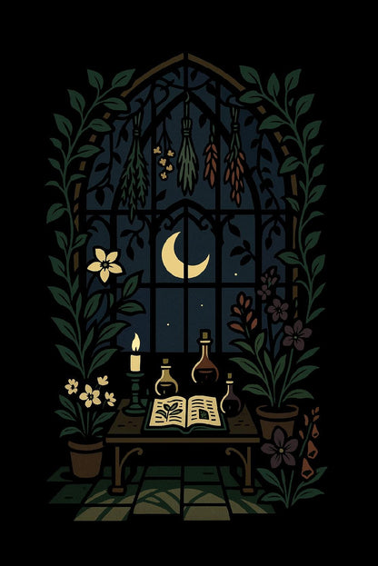 Herbal Apothecary Art Print – Witchy Gothic Greenhouse Poster with Dried Herbs & Moonlight