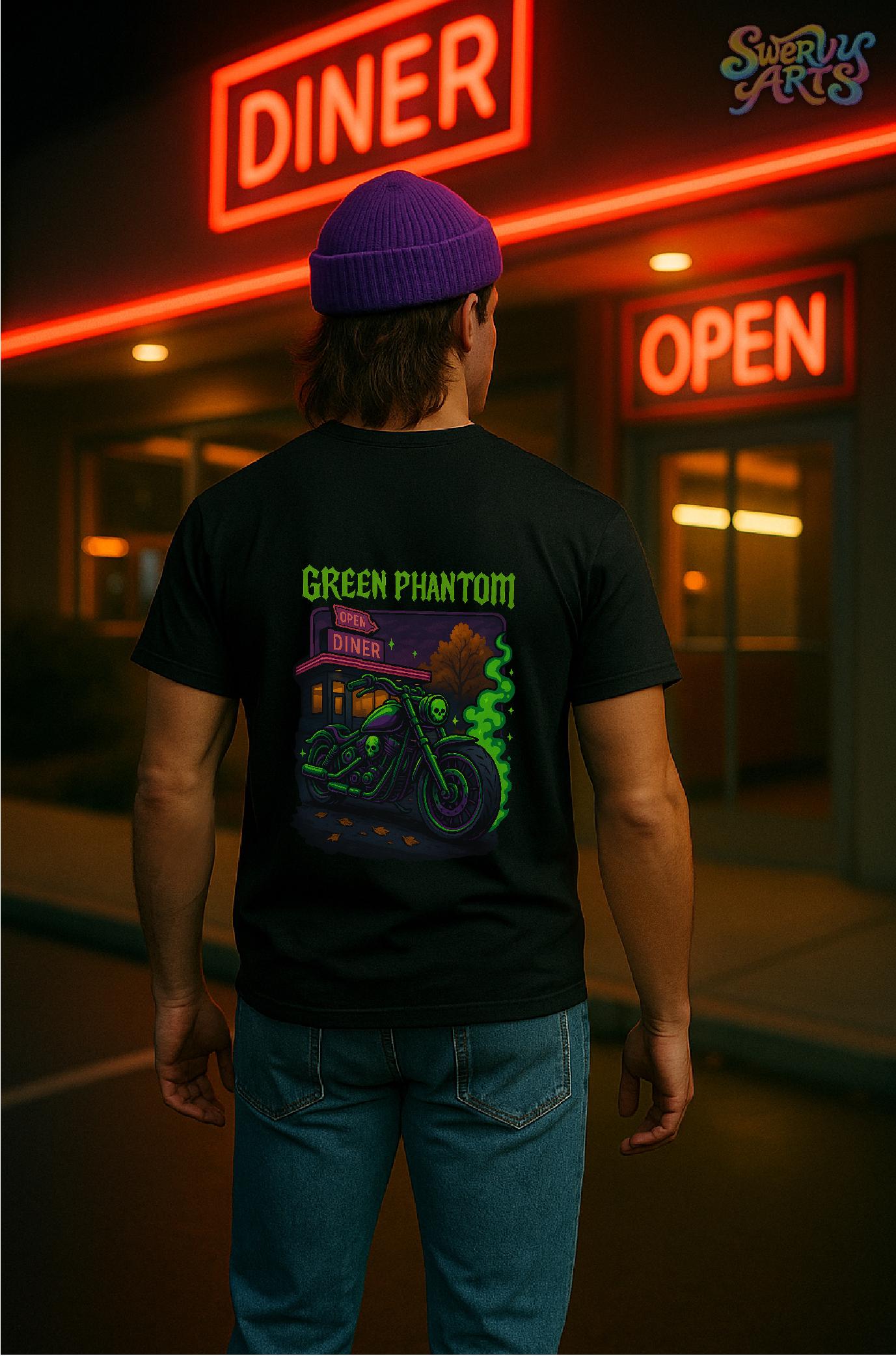 Green Phantom Short Sleeve T-shirt – Neon Motorcycle Skull Graphic, Cozy Spooky Goth Streetwear