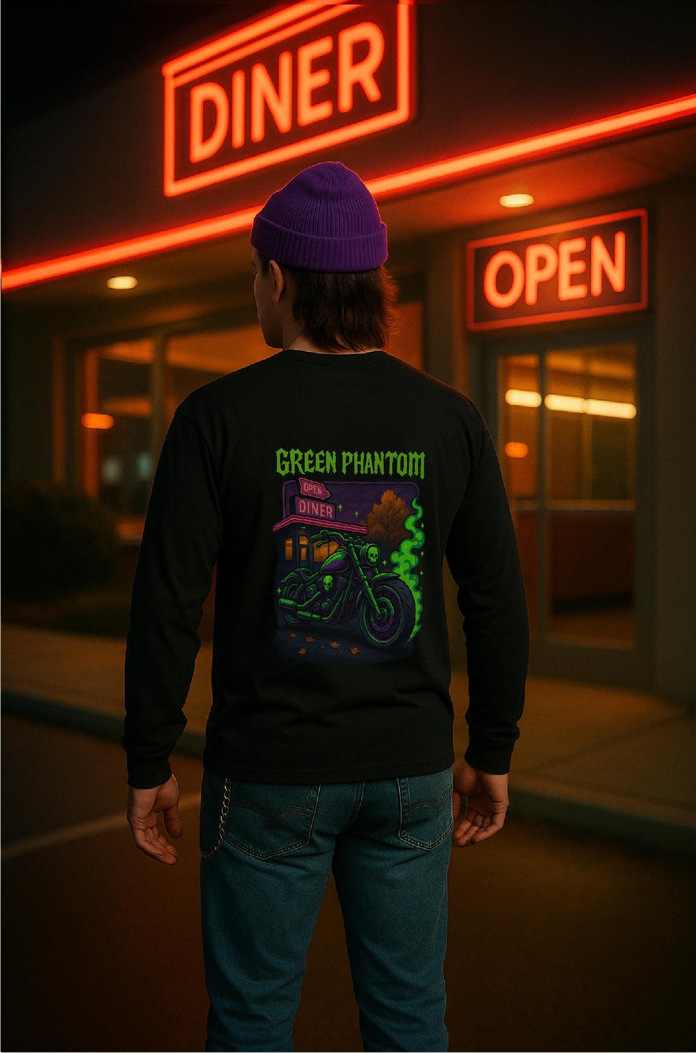 Green Phantom Long Sleeve Tee, Unisex Graphic T-Shirt, Skull Motif Shirt, Halloween Apparel, Retro Biker Style, 90s Vibe Tee