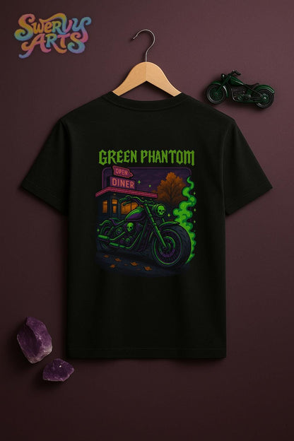Green Phantom Short Sleeve T-shirt – Neon Motorcycle Skull Graphic, Cozy Spooky Goth Streetwear