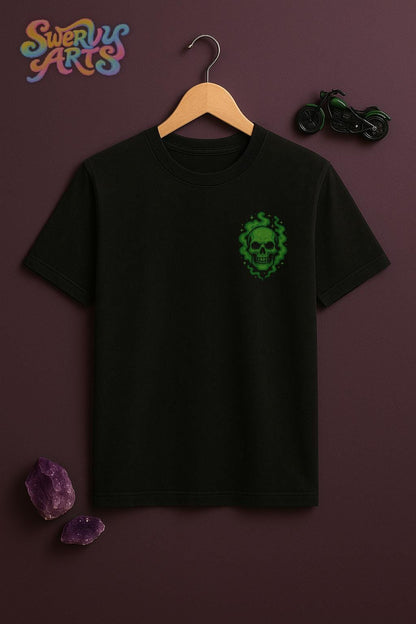 Green Phantom Short Sleeve T-shirt – Neon Motorcycle Skull Graphic, Cozy Spooky Goth Streetwear