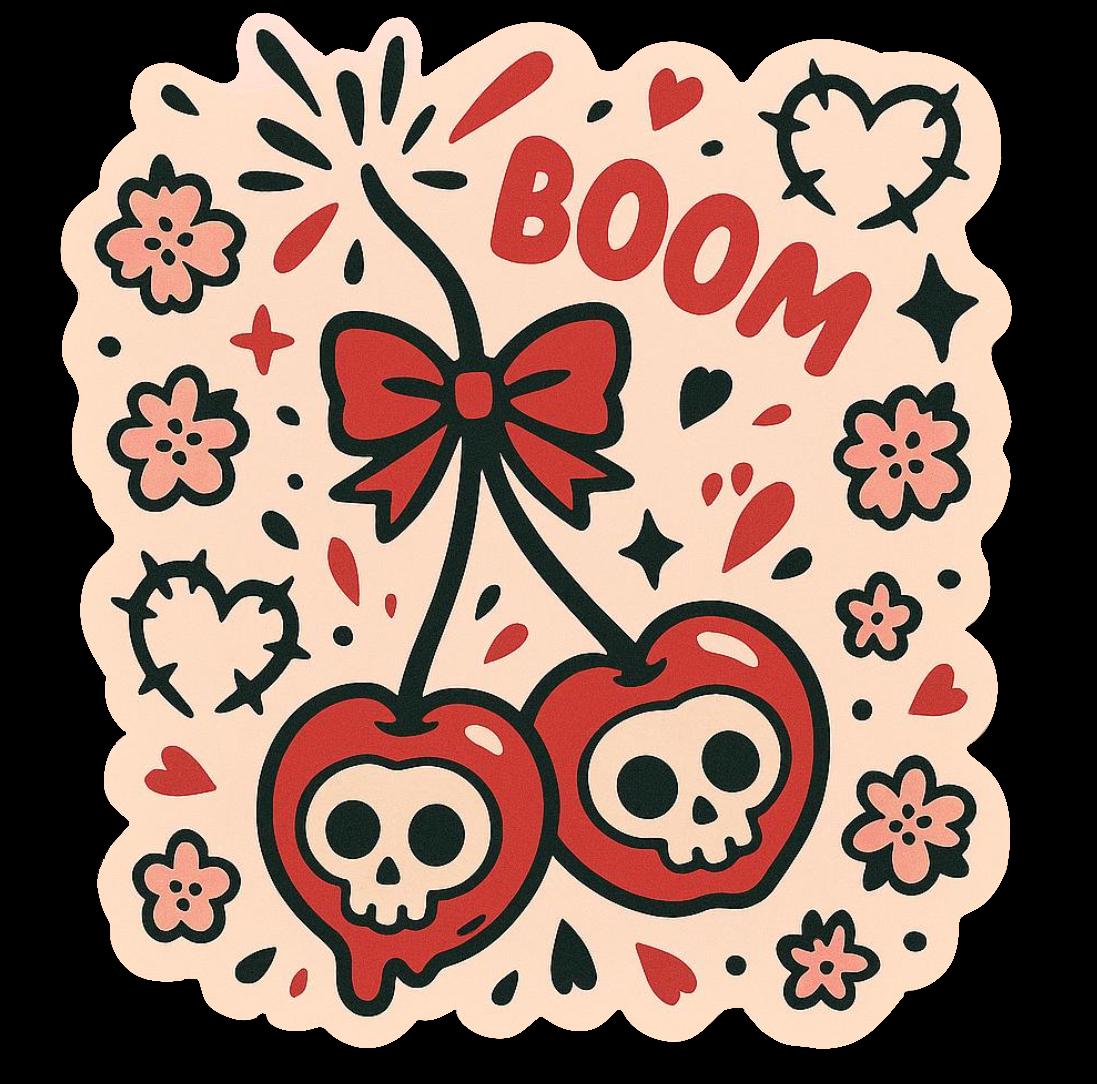 Cherry Bomb Skull Sticker | Cute Goth Cherry Decal | Red Bow Kawaii Skull Art | Holographic Sticker for Laptop, Journal, or Water Bottle