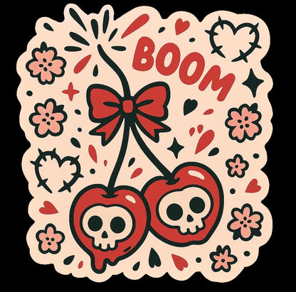 Cherry Bomb Skull Sticker | Cute Goth Cherry Decal | Red Bow Kawaii Skull Art | Holographic Sticker for Laptop, Journal, or Water Bottle