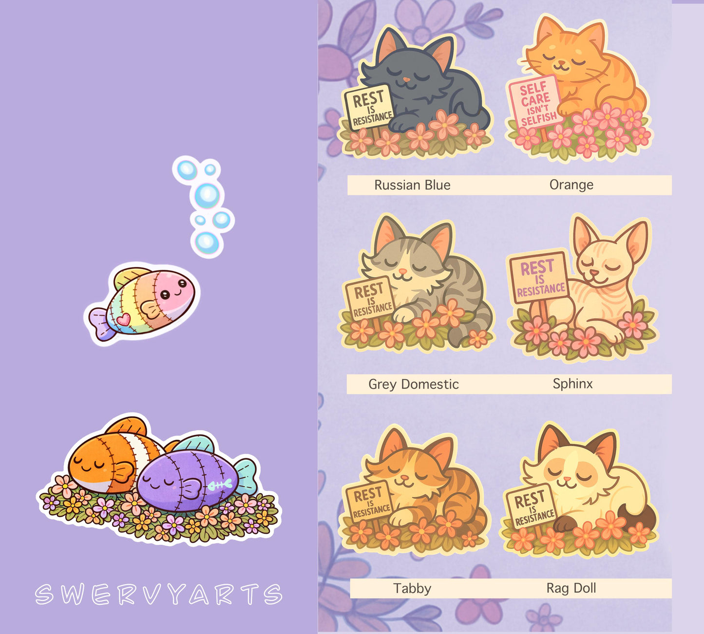 Rest Is Resistance: Floral Cat Sticker – Chose Your Cat, Radical Rest, Cozy Activist Vinyl, 12 different breeds to chose, gift for a friend