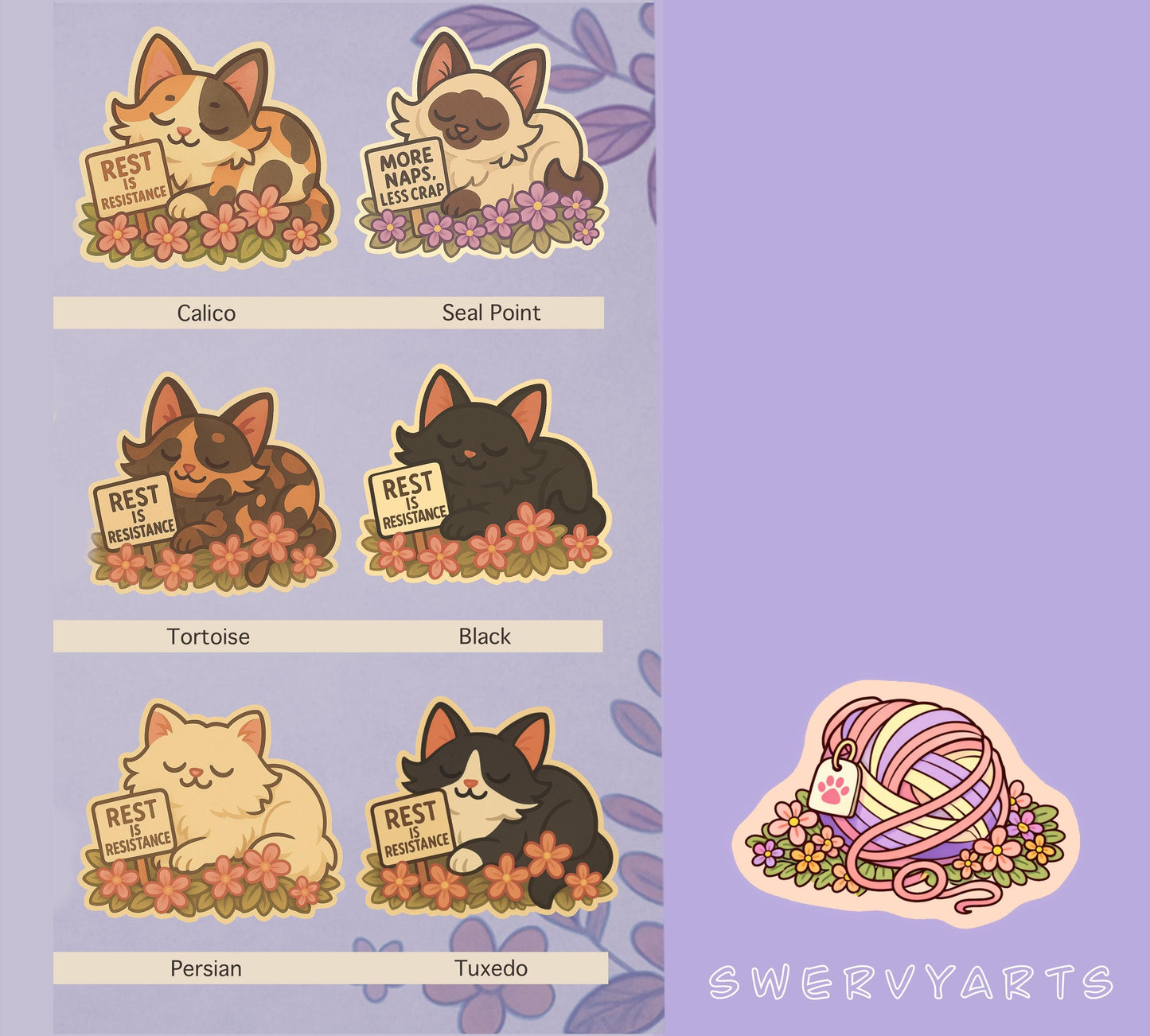 Rest Is Resistance: Floral Cat Sticker – Chose Your Cat, Radical Rest, Cozy Activist Vinyl, 12 different breeds to chose, gift for a friend