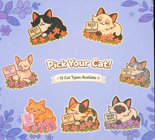 Rest Is Resistance: Floral Cat Sticker – Chose Your Cat, Radical Rest, Cozy Activist Vinyl, 12 different breeds to chose, gift for a friend