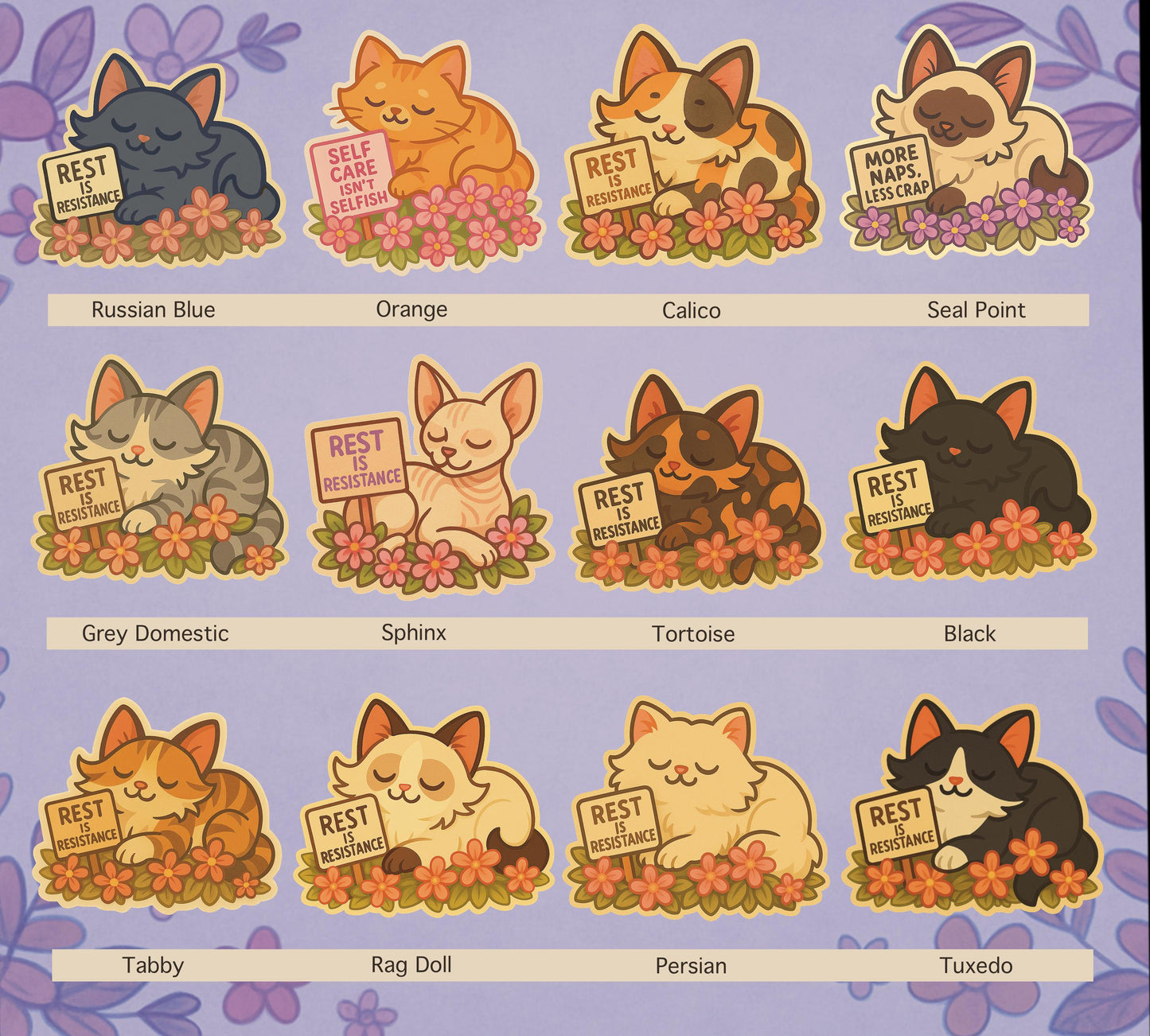 Rest Is Resistance: Floral Cat Sticker – Chose Your Cat, Radical Rest, Cozy Activist Vinyl, 12 different breeds to chose, gift for a friend