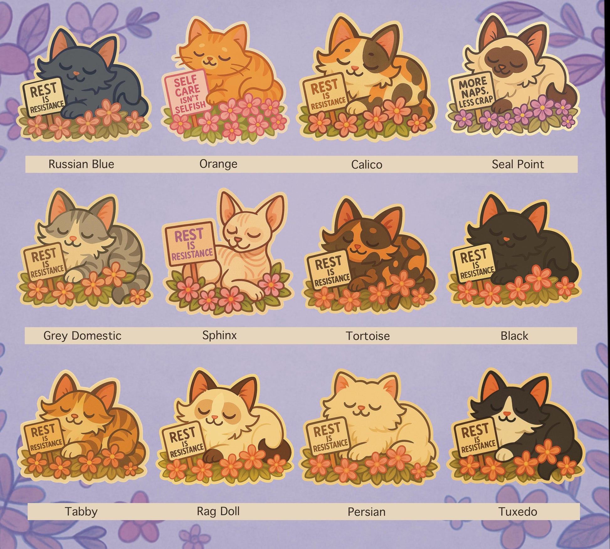 Rest Is Resistance: Floral Cat Sticker – Chose Your Cat, Radical Rest, Cozy Activist Vinyl, 12 different breeds to chose, gift for a friend