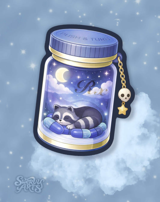 Dreamy Raccoon Rx Bottle Art Print & Vinyl Sticker Duo – Cozy Mental Health Animal Pills – Holographic or Glossy Finish – 4x6 or 8x10 Print.
