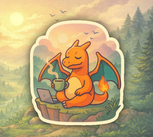 Charizard Vinyl Sticker - Coporate Chaos - Work life balance, Cottagecore Aesthetic, Rise and Shine, Cozy Camper, coffee and meditation