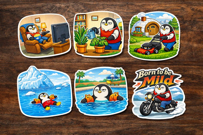 Dave Riding his MotorCycle - Goofy Sticker / Sticker Sheet, Story Style Penguin, Sarcastic Penguin, Silly Dad Jokes, Funny Animal Biker Meme