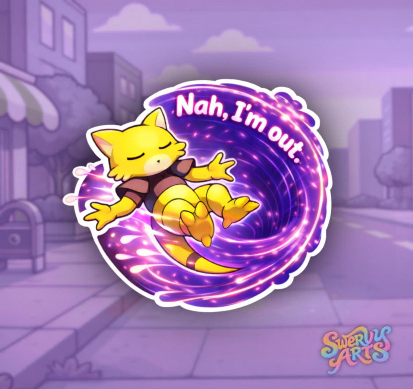 Nah I’m Out Abra Sticker | Funny Psychic Teleport Vinyl Sticker | Portal Meme Sticker | Cute Anime Style Cat Decal | Water Bottle Laptop