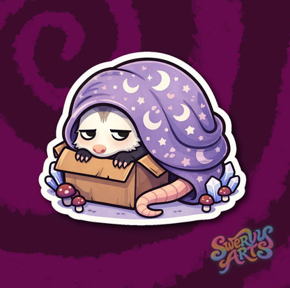 Sleepy Possum Sticker, Cozy Introvert Mood Sticker, Cute Opossum Blanket Vinyl Sticker, Night Owl Creature, Witchy Cozy Animal, water bottle