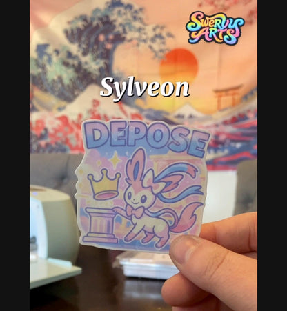 Sylveon Depose the Crown - Holographic Vinyl Sticker - dethrowing the monarch - whimsical pastel eevolution - no kings
