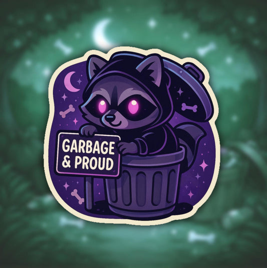 Feral Energy Trash Panda Sticker – Raccoon Vinyl Sticker, Garbage and Proud, unique purple sarcastic animal – Cozy Cute Gremlin Energy