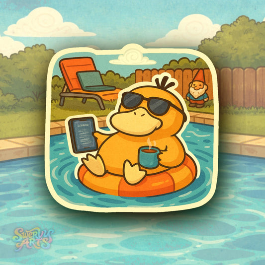 Floating Psyduck with E-reader Sticker | Funny Work Life Balance Meme Vinyl Sticker | Relaxing Duck Pool Float Laptop Water Bottle Sticker