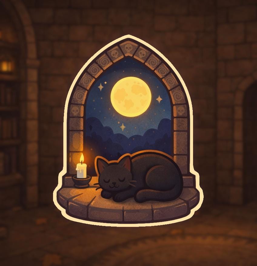 Cozy Gothic Cat Window Sticker – Sleeping Black Cat Moon Night, Witchy Aesthetic, Cottagecore Cozy, Relaxing Vinyl Sticker