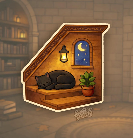 Cozy Cat Nook Sticker – Sleeping Black Cat Under Stairs, Cozy Corner Aesthetic, Witchy Cottagecore, Warm Night Vinyl Sticker