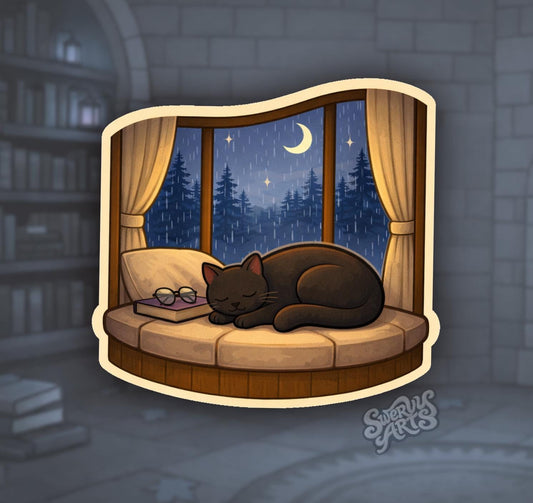 Cozy Rainy Night Cat Sticker – Sleeping Black Cat Window Seat, Book Lover Aesthetic, Cottagecore Rain, Relaxing Vinyl Sticker