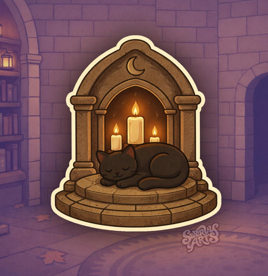 Cozy Gothic Cat Candle Sticker – Sleeping Black Cat Moon Arch, Witchy Aesthetic, Cottagecore Cozy, Warm Glow Vinyl Sticker, ritual alter