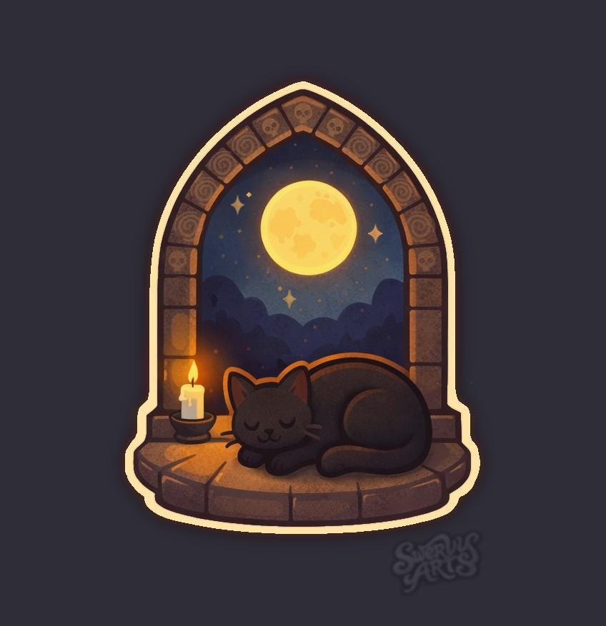 Cozy Gothic Cat Window Sticker – Sleeping Black Cat Moon Night, Witchy Aesthetic, Cottagecore Cozy, Relaxing Vinyl Sticker